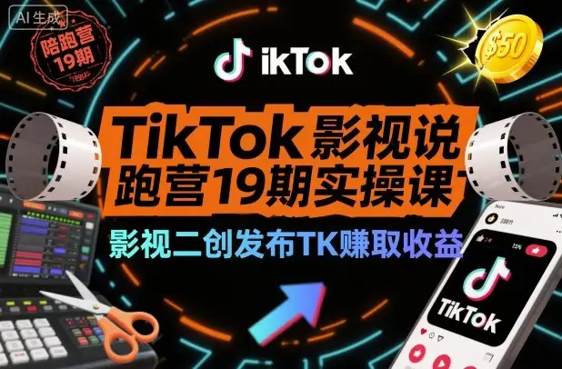 第19期TikTok影视解说陪跑营,影视二创发布TK,万播收益50美金!
