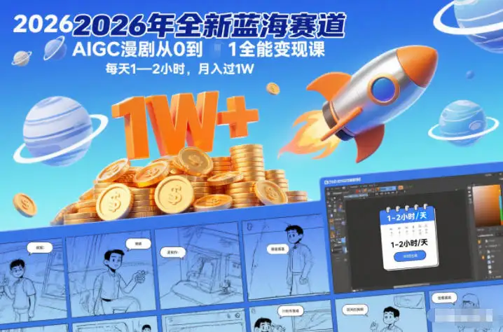 2026年全新蓝海赛道AIGC漫剧从0到1全能变现课，每天1—2小时，月入过1W，AIGC漫剧实战指南